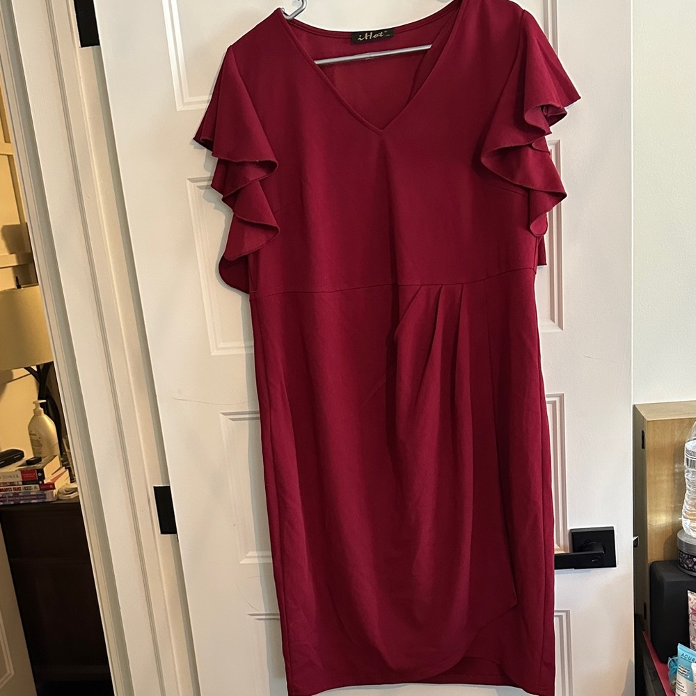Elegant Burgundy Ruffle Sleeve Dress